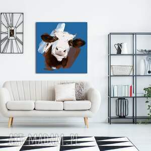 obraz drukowany na płótnie łaciata krowa na niebieskim tle 80x80cm