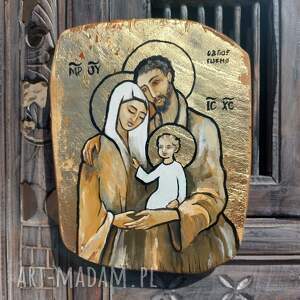 święta rodzina ikona na teakowym drewnie, malowana i złocona ręcznie