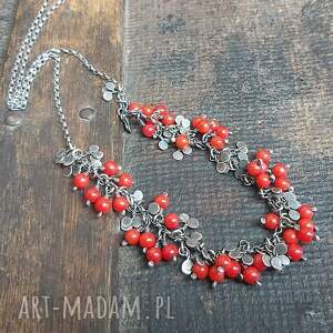 handmade naszyjniki naszyjnik srebrny - listki z czerwonymi koralami