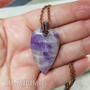 wisiorki ametyst serce m287, miedź, wire wrapping, wrappe