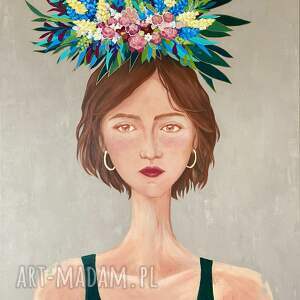 obraz kobieta z kwiatami ręcznie malowany 80x100 cm - flower lady