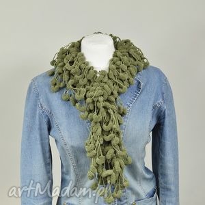 pom - pon scarf khaki, zielony, pompon oryginalny, szalik, owijak fantazyjny