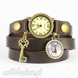 bransoletka, zegarek - jeleń 2 brązowy, skórzany prezent
