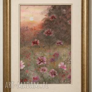 obraz akwarelowy onętki akwarela kwiaty format A4, łąka, kosmosy, zachód