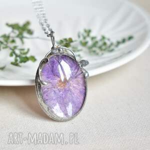 violet - naszyjnik z suszonym kwiatem, kwiaty w szkle wisior, biżuteria