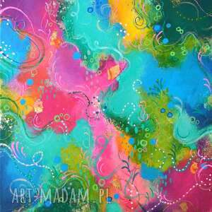 kolorowy abstrakcyjny obraz ręcznie malowany - under the rainbow 25x25 cm