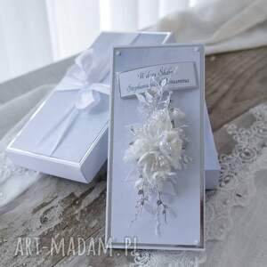 kartka ślubna w pudełku z życzeniami dla młodej pary, prezent slubny mloda