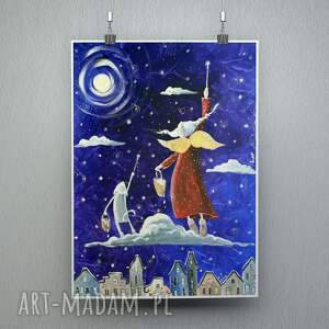 magiczne gwiazdki marzeń - plakat z kotem, anioł, miasto