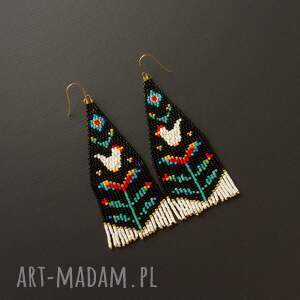 czarne kolczyki z frędzlami folkowe - motyw kury, kwiaty, złote