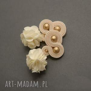 kremowe kolczyki sutasz z kwiatkiem, sznurek, eleganckie, wieczorowe