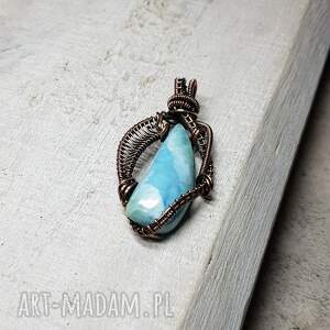 naszyjniki larimar m274, wire wrapping, rękodzieło, miedź