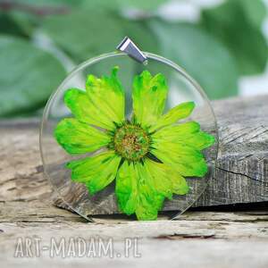 okrągły wisior z suszonym kwiatem z292, zielony naszyjnik