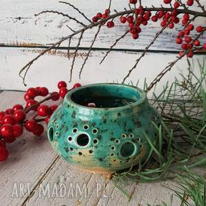 turkusowo - zielony lampion, wosk, tealight ażurowy, ceramika