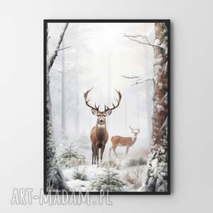 Zimowy las - format 70x100 cm, plakat jeleń