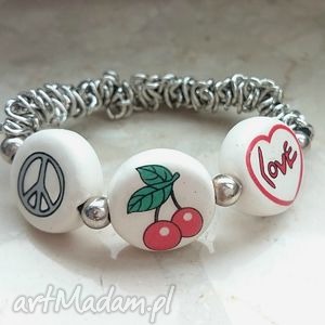 love, peace and cherry, metal ceramika bransoletka