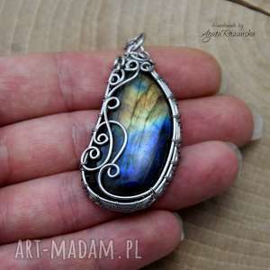 handmade wisiorki wisiorek labradoryt, wire wrapping, stal chirurgiczna