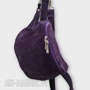 duża zamszowa nerka śliwka, plum, belt bag, skórzana saszetka