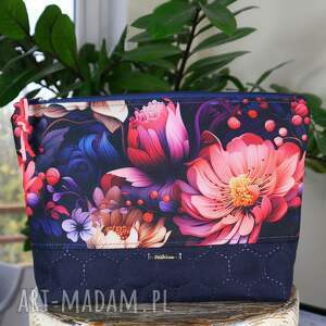 kosmetyczka wodoodporna granat kwiaty, duża, pojemna