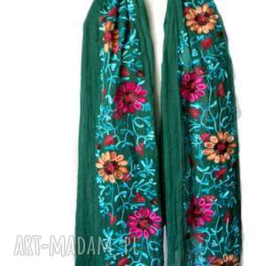 haftowany folkowy szal w kwiaty, apaszka, chusta, len etno