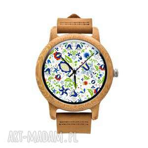 drewniany zegarek na pasku kaszubskie kwiaty folk, folklor, etniczne polskie