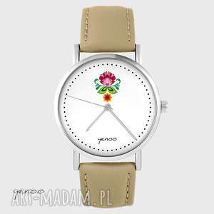 zegarek - folkowy kwiat skórzany, beżowy, bransoletka unikatowy