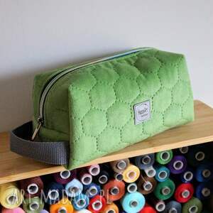 zielono - szara pikowana kosmetyczka m, organizer etui prezent, pluszowa