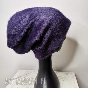 ręcznie robione czapki czapka fioletowa sztuczne futerko na podszewce rozmiar