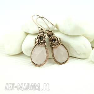 kolczyki z różowym kwarcem, wire wrapping, biżuteria artystyczna
