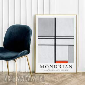 plakat mondrian gray - red 50x70 cm wnetrza, salonu