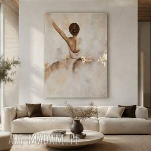 Obraz olejny Balerina 70x100 cm - ręcznie malowany beż i złoto