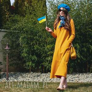 musztardowa sukienka midi - kolekcja ukraina ozdobny szew po srodku
