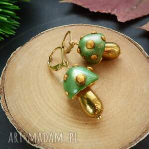 Kolczyki Zielone muchomorki ze złotą kroplą, grzybki, jesień, natura