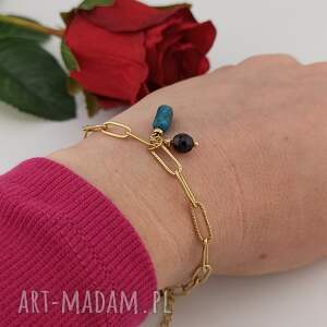 złota bransoletka stal chirurgiczna z kamieniami onyks i apatyt elegancka