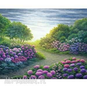 obraz ręcznie malowany spacer ukwiecony - format A3 prezent, pejzaż