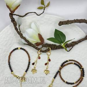 set in stone komplet z granatem liść klonu, srebro 925 w złotym pokryciu czakra