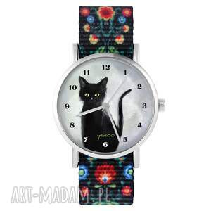 zegarek - czarny kot, cyfry folkowy czarny, nylonowy, ludowy dla niej prezent