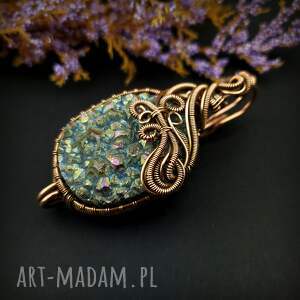 Broszka z kwarcem tytanowym - miedziana biżuteria wire wrapping