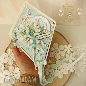 Miętowa kartka urodzinowa w kształcie latawca - ręcznie robiona scrapbooking z króliczkiem