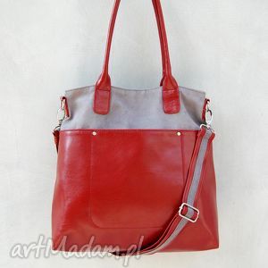 fiella - duża torba czerwień i szarość, shopper, praktyczna, wygodna, miejska