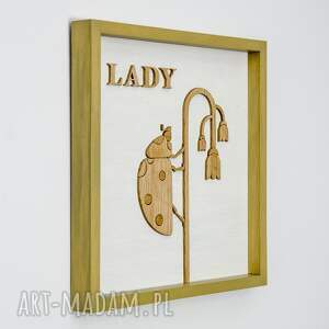 drewniany obraz, plakat biedronka "lady"