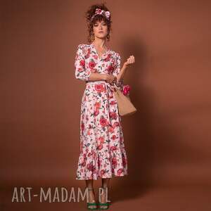 lady retro - sukienka z falbaną w kwiaty, falbaną, kopertowa