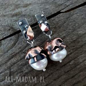 acorns kolczyki z miedzi i srebra perłami, prezent