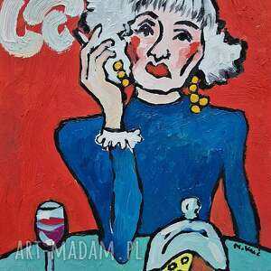 obraz olejny dama wino,ser i papieros, obrazy olejne, karykatura