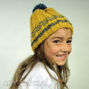 czapka handmade no 004, zółty szary beanie, krasnal, ciepła