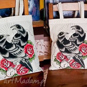 ręcznie malowana torba z krukami, eko, zakupy róże