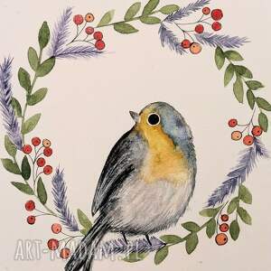 pomysł na upominki na święta Rudzik. A5, akwarela, ptaki