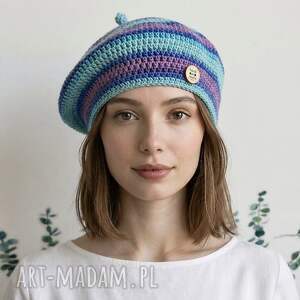 wiosenny beret damski z antenką ręcznie robiony bawełna one size