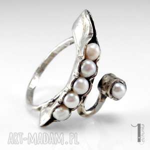 pearly husk srebrny pierścionek z perłami, perły, regulowany