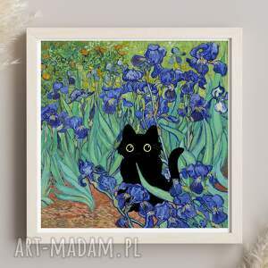 plakat czarny kot w irysach van gogha 40x40 - śmieszny z kotem prezent