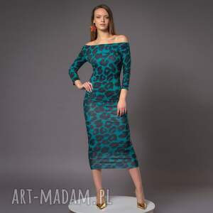 sukienka z odkrytymi ramionami, efektowna oryginalna panterkę